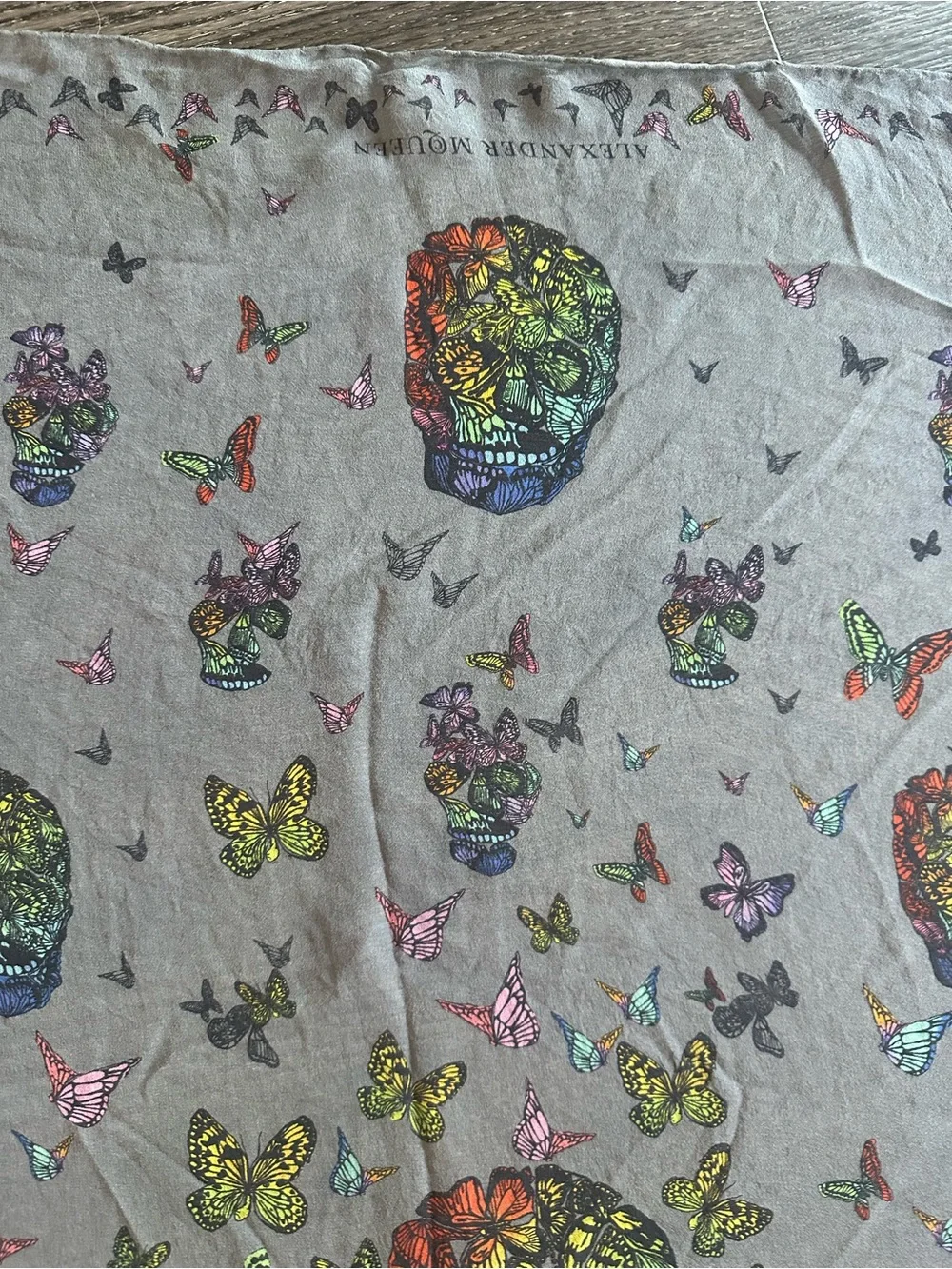 Alexander McQueen Butterfly Skull 100% Silk Scarf Grey Multicolor